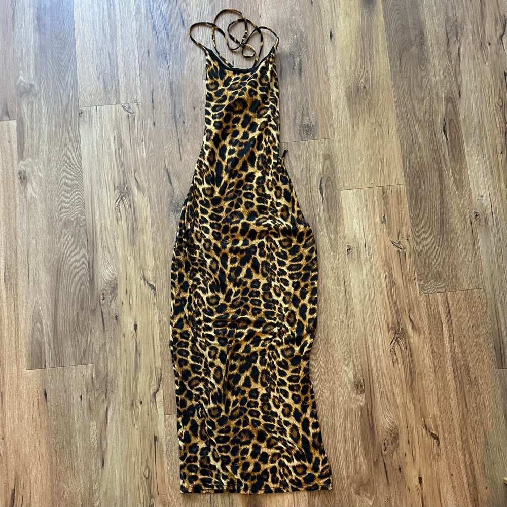 Leopard Print Open Back Midi Dress Cowl Neck Lace Up Side Slit Animal Print
